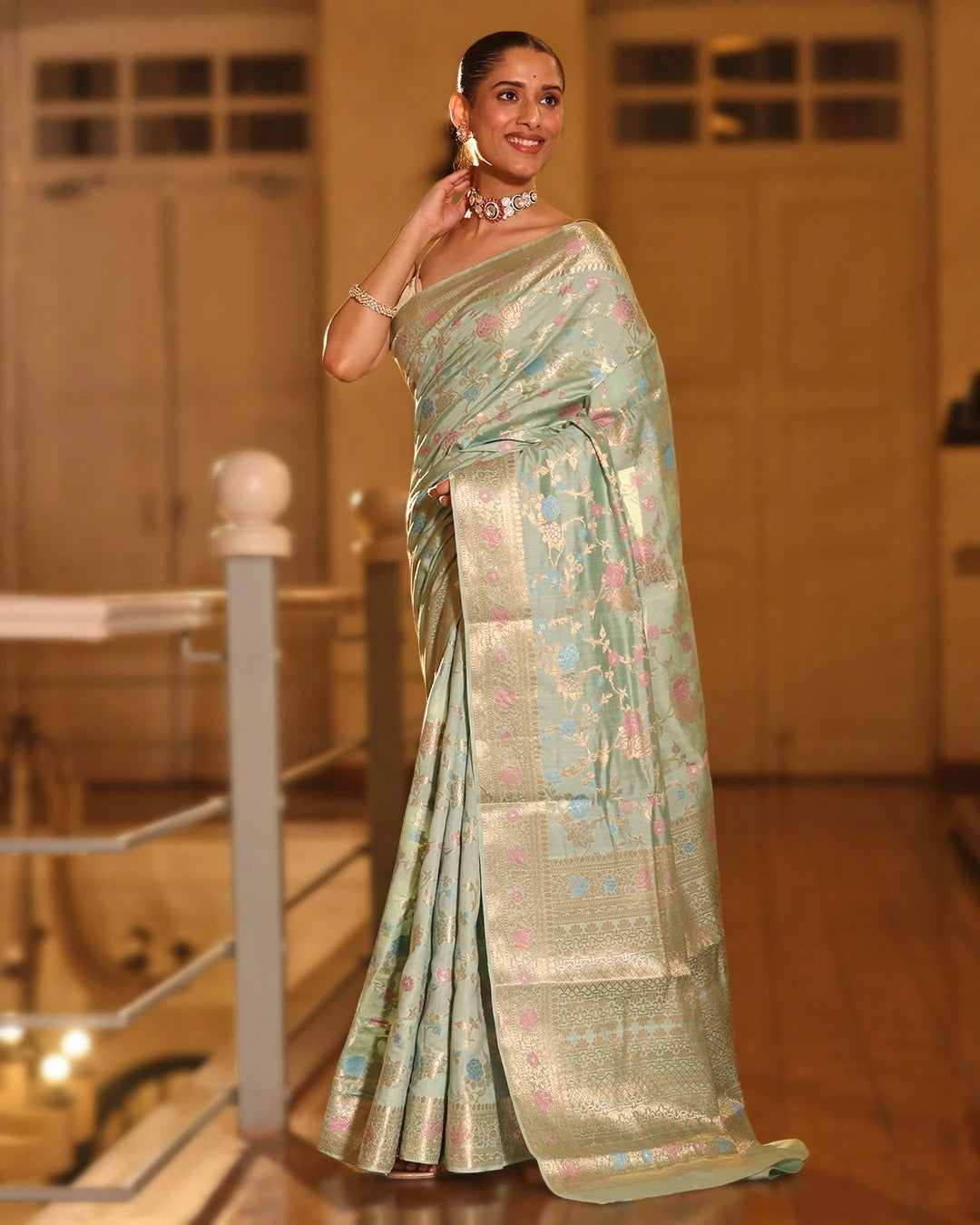 Sea Green Pure Banarasi Saree with Multicolor Floral Jaal Weaving