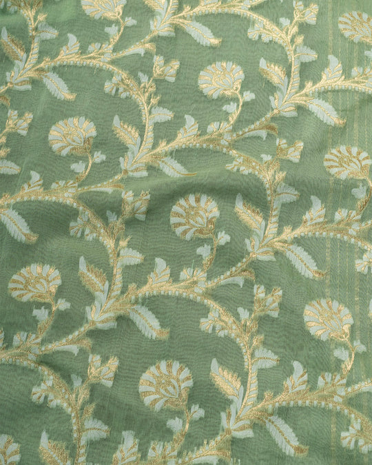 Almond Pastle Green Sooti Cotton Drape With Exquiste Vine Patterns and Floral Accents