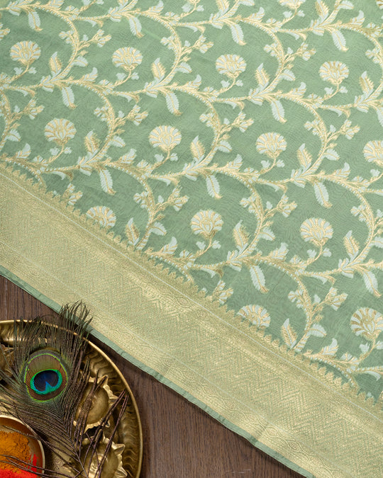 Almond Pastle Green Sooti Cotton Drape With Exquiste Vine Patterns and Floral Accents