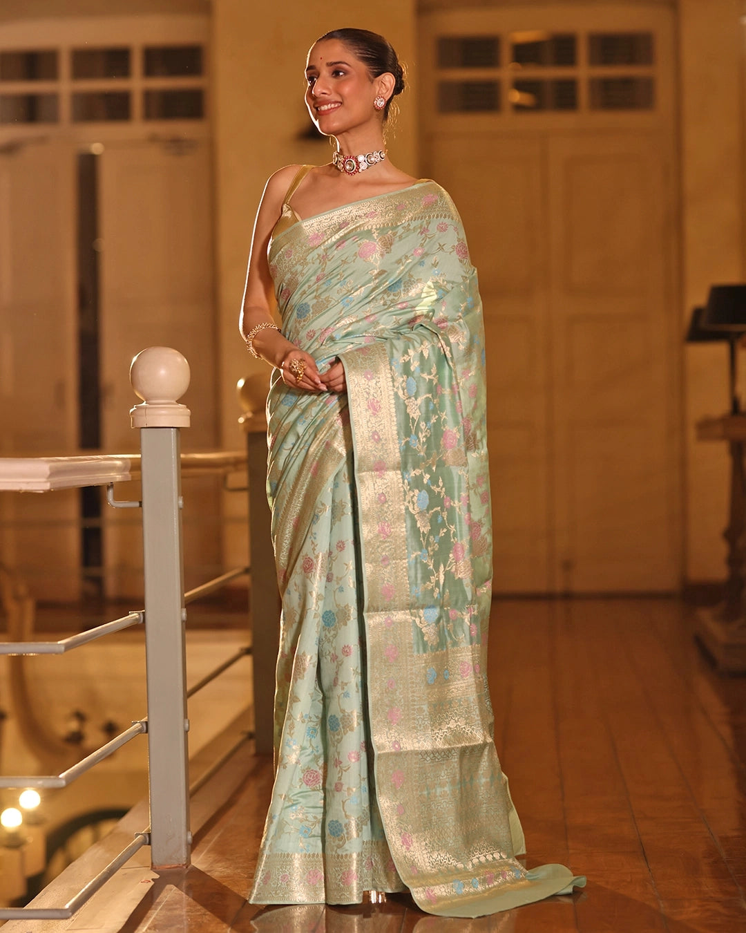 Sea Green Pure Banarasi Saree with Multicolor Floral Jaal Weaving
