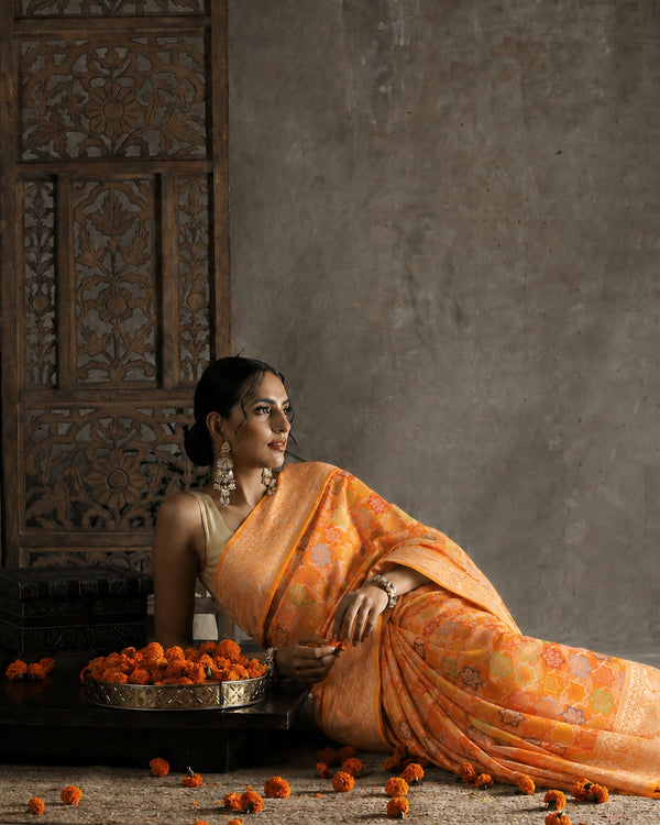 Sunset Marigold Pure Katan Saree with Multicolour Floral Mosaic Weaving