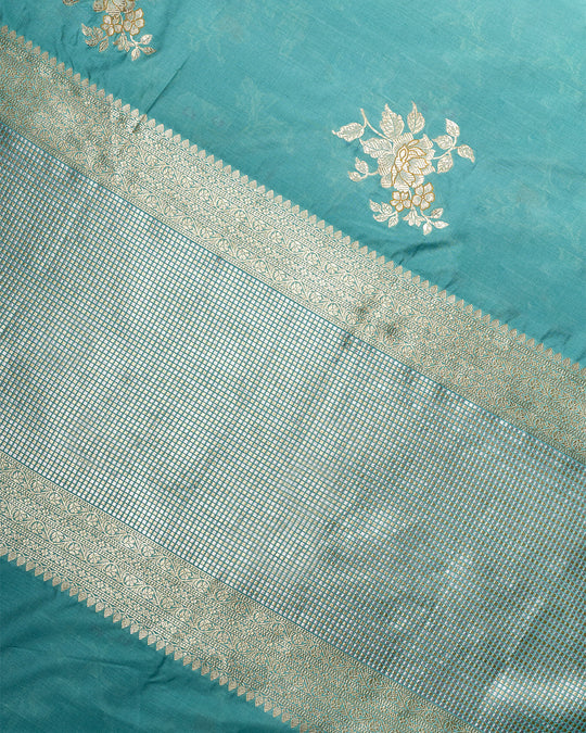 Aqua Serenity Blue Handwoven Pure Katan Silk Saree With Cheerful Border and Zari Floral Patches