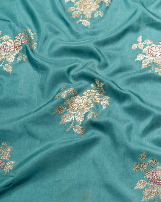 Aqua Serenity Blue Handwoven Pure Katan Silk Saree With Cheerful Border and Zari Floral Patches