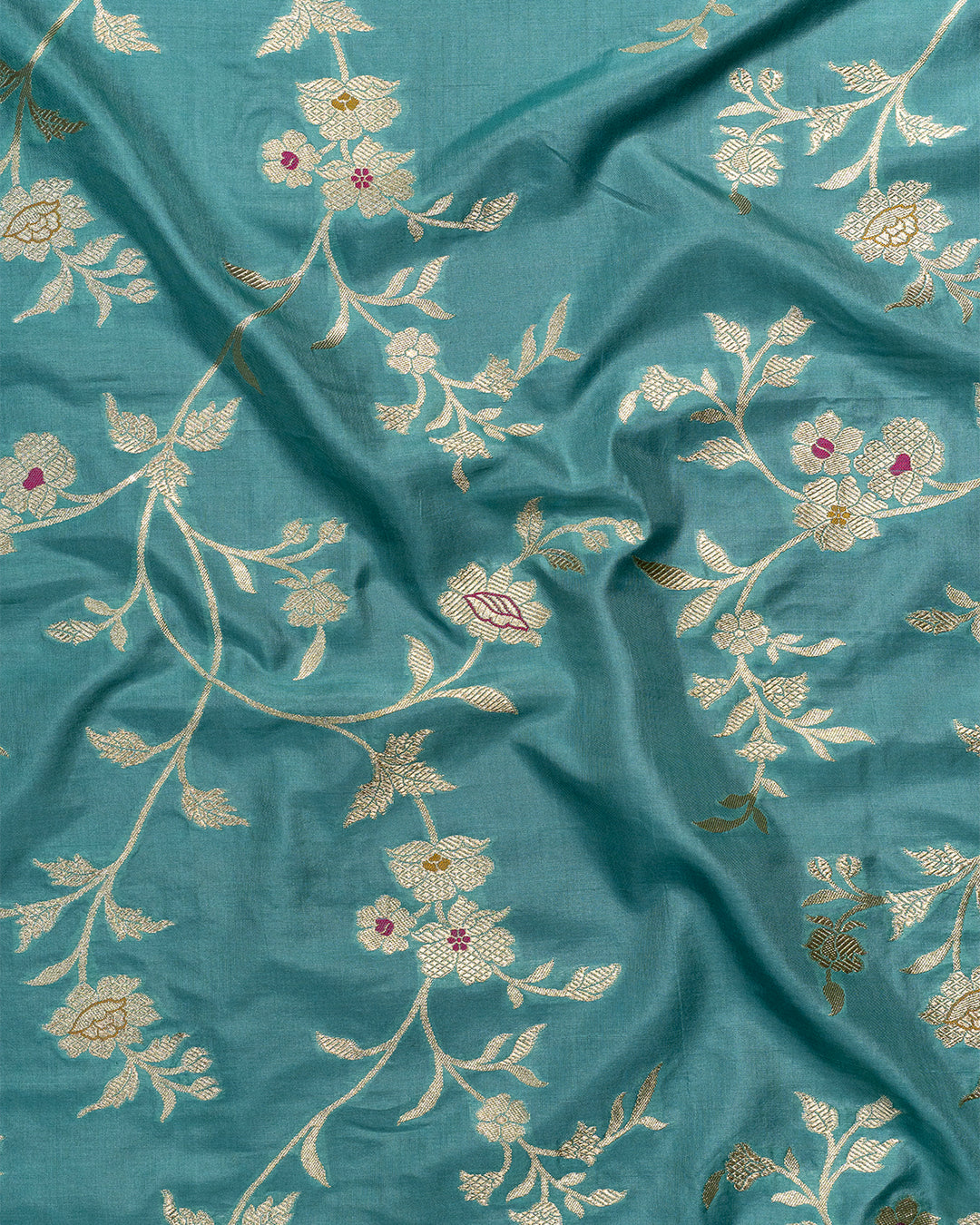 Aqua Serenity Blue Handwoven Pure Katan Silk Saree With Cheerful Border and Zari Floral Patches