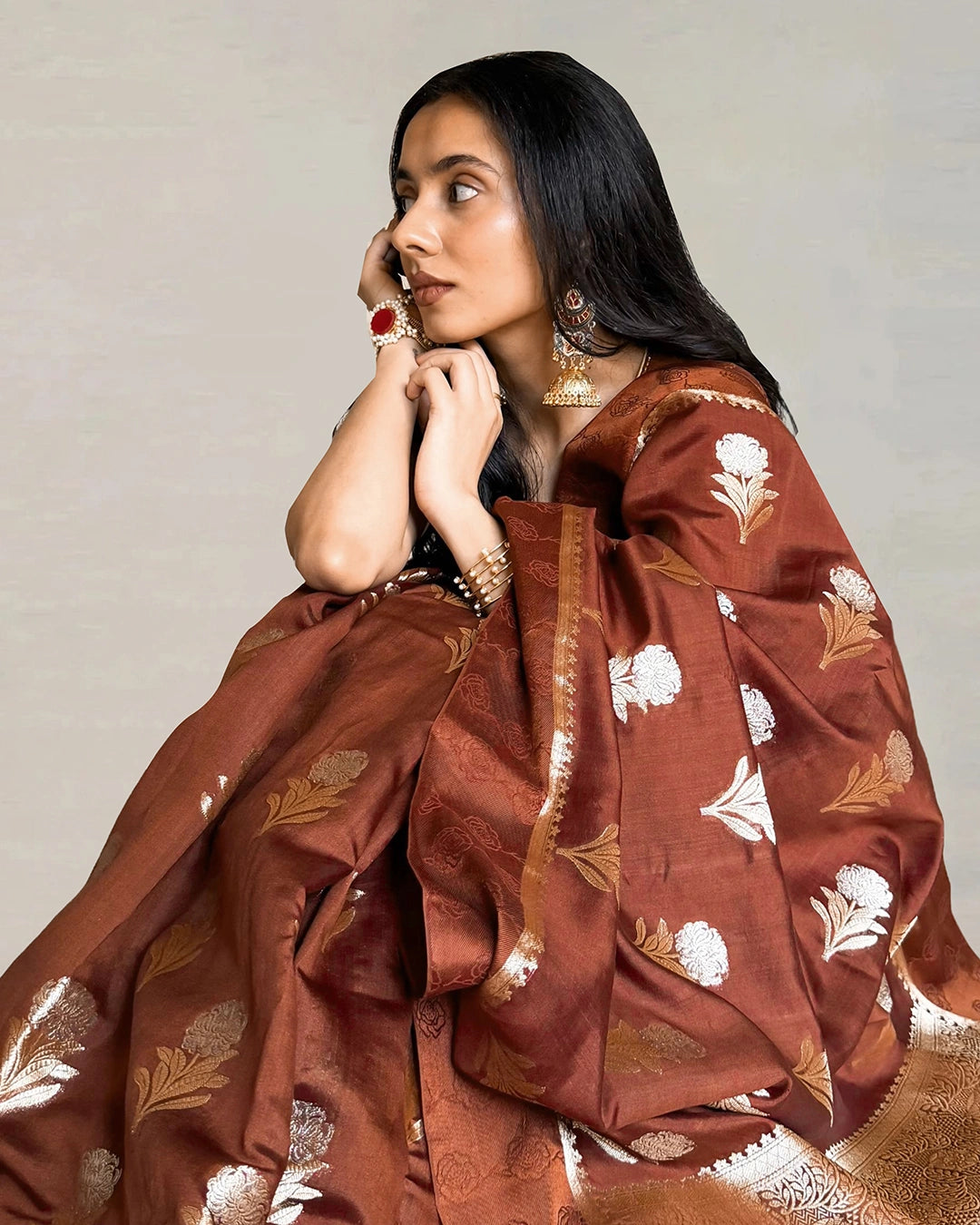 Brown Pure Banarasi Saree with Floral Buta Weaves