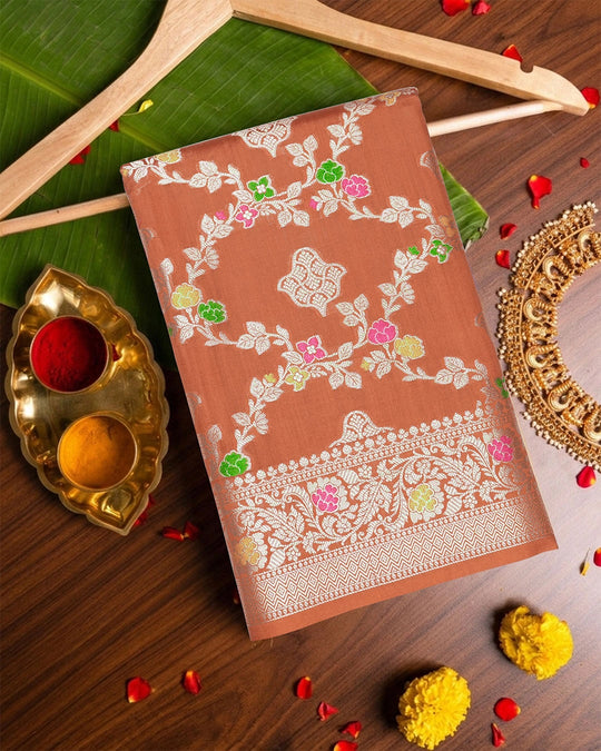 Rust Orange Pure Banarasi Saree with Floral Jaal and Vibrant Meenakari Weaves