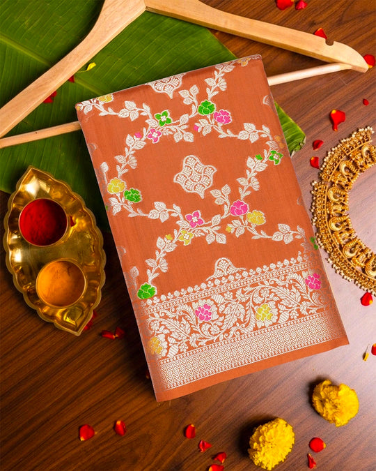 Orange Pure Banarasi Saree with Floral Jaal and Vibrant Meenakari Weaves