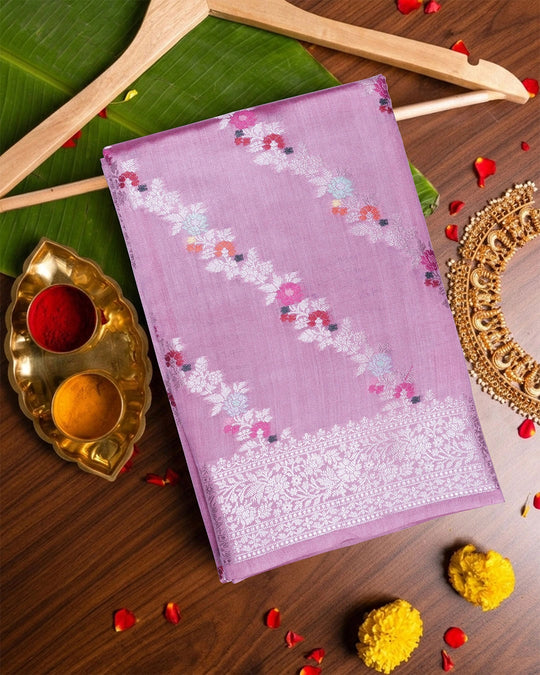 Soft Pink Pure Banarasi Saree with Botanical Meenakari Stripes Weaves