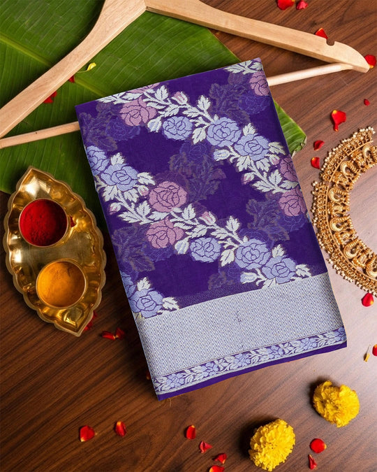 Purple Pure Chiffon Saree with Luxurious Floral Stripe Weaves