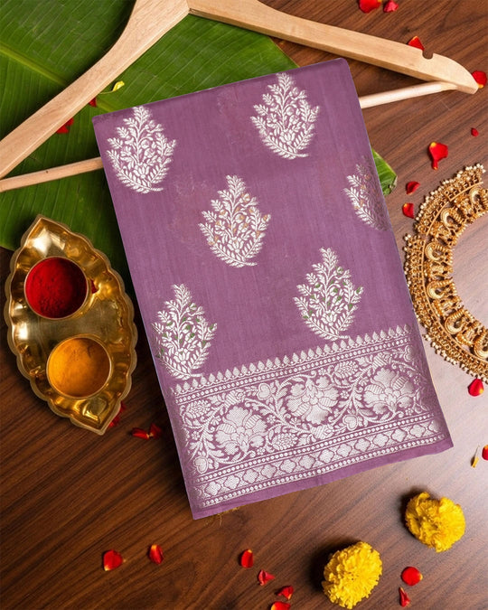 Mauve Pink Pure Banarasi Saree with Garden Spread Traditional Motif Weaves