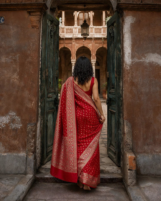Red Pure Katan Saree with Classic Floral Buti Weaving