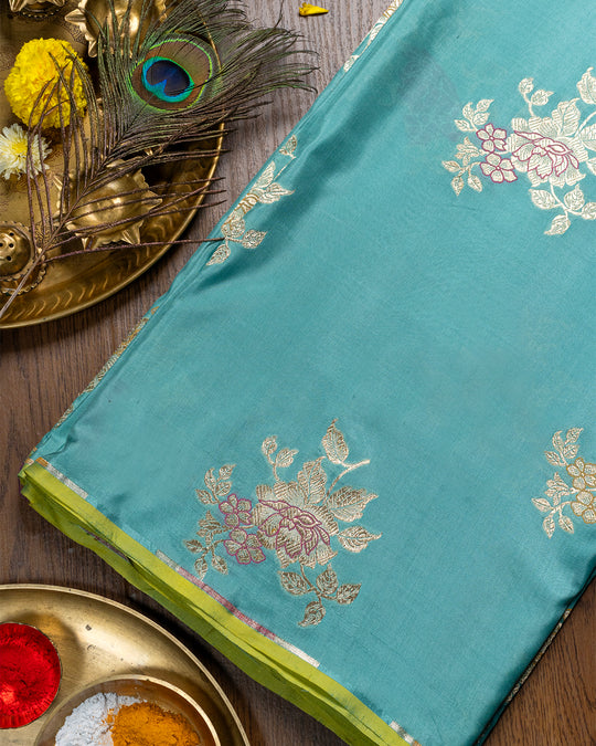 Aqua Serenity Blue Handwoven Pure Katan Silk Saree With Cheerful Border and Zari Floral Patches