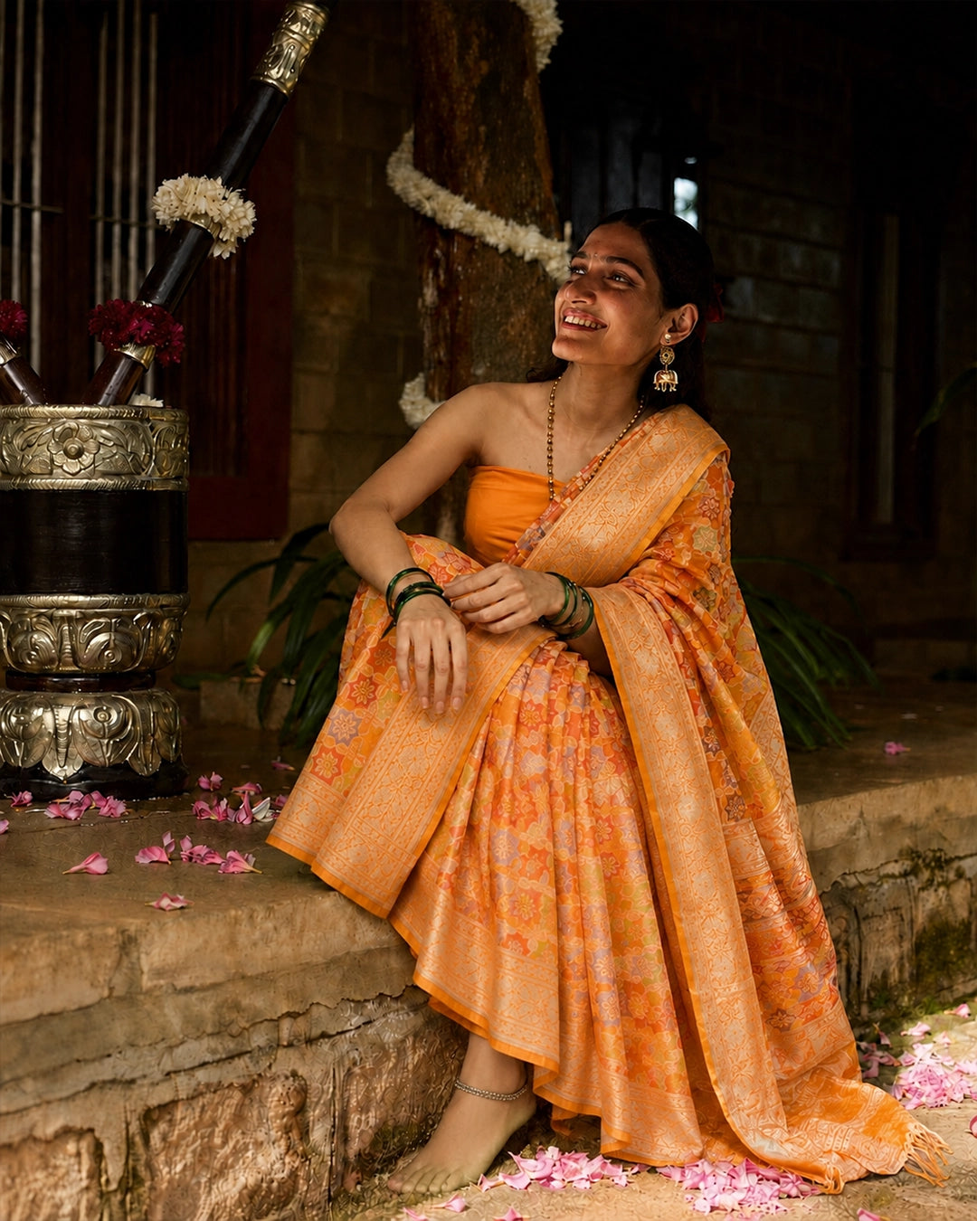 Sunset Marigold Pure Katan Saree with Multicolour Floral Mosaic Weaving