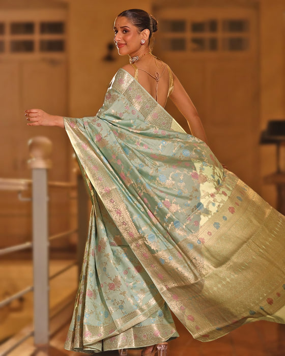 Sea Green Pure Banarasi Saree with Multicolor Floral Jaal Weaving