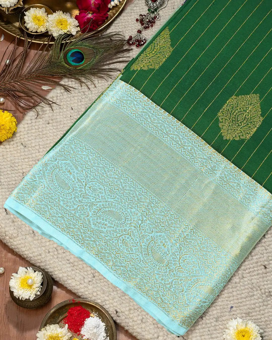 Green Pure Kanjivaram Saree with Mint Pallu and Gold Pinstriped Paisley Buta - katansi