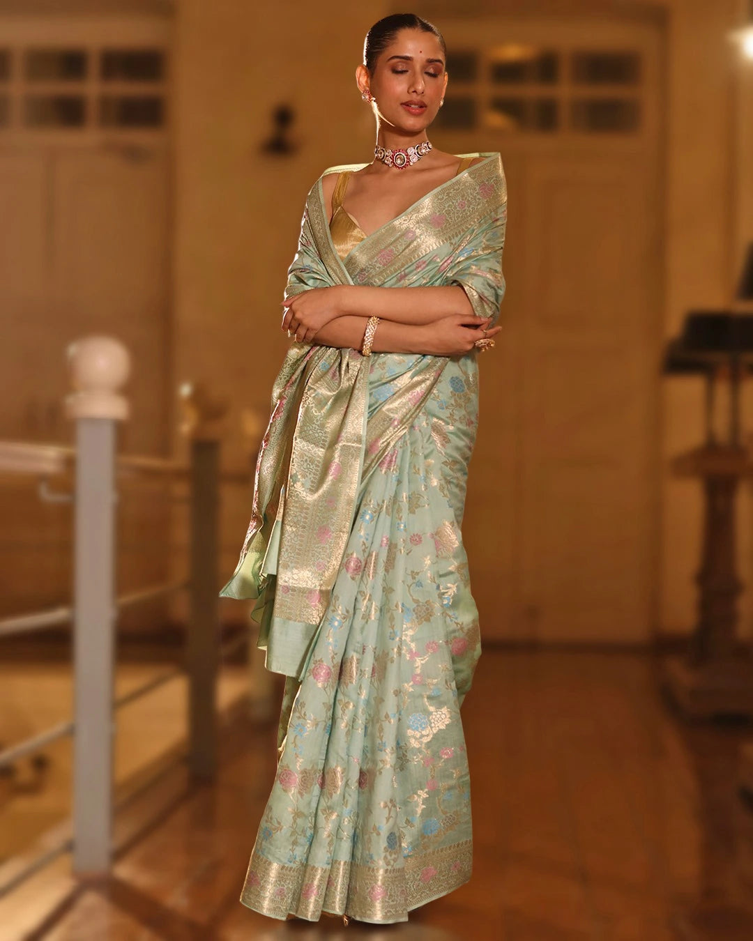 Sea Green Pure Banarasi Saree with Multicolor Floral Jaal Weaving