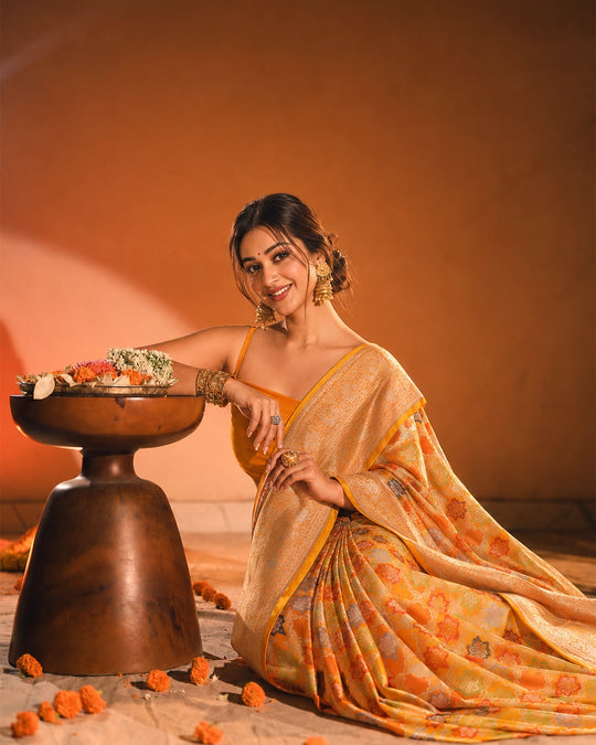 Sunset Marigold Pure Katan Saree with Multicolour Floral Mosaic Weaving