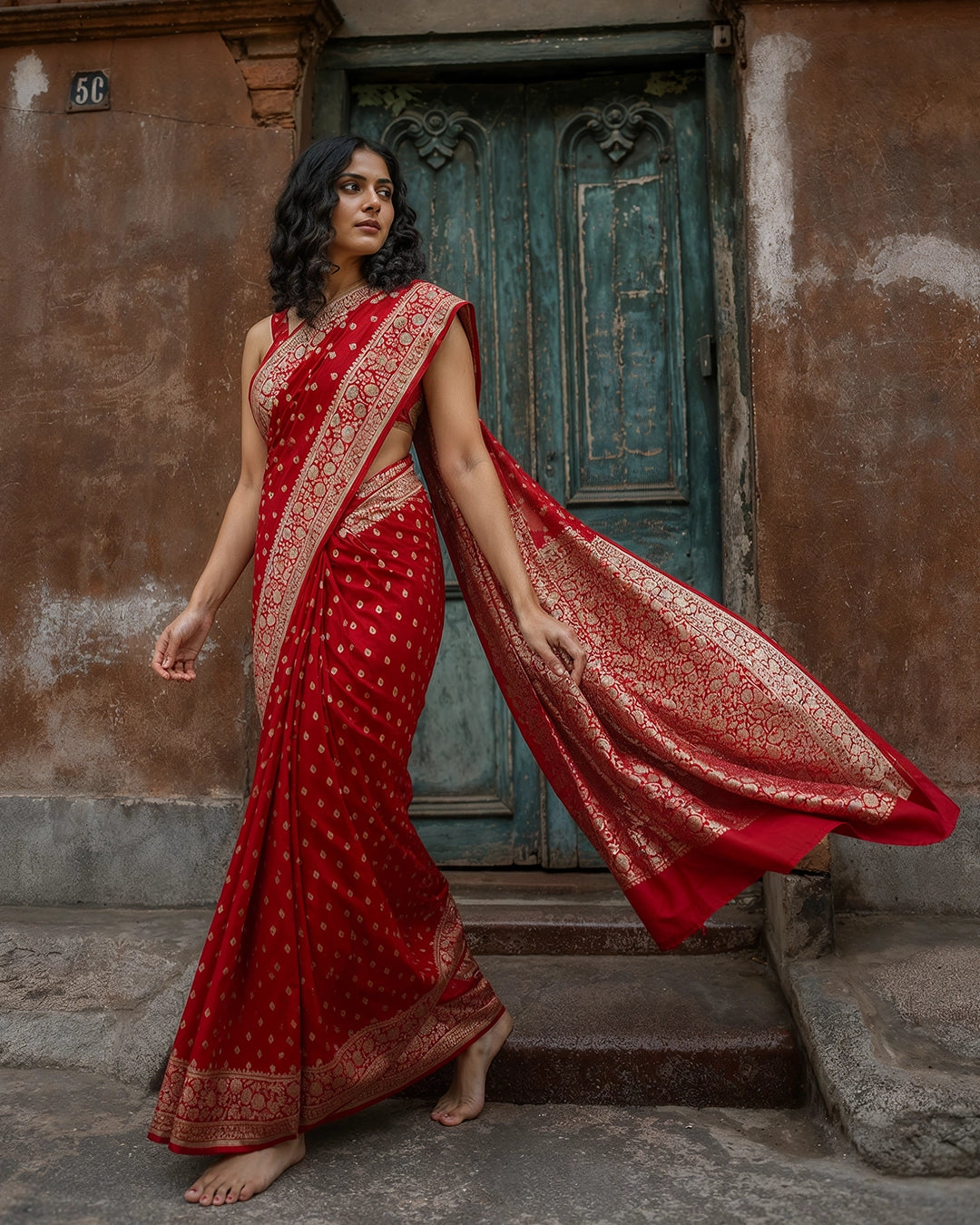 Red Pure Katan Saree with Classic Floral Buti Weaving