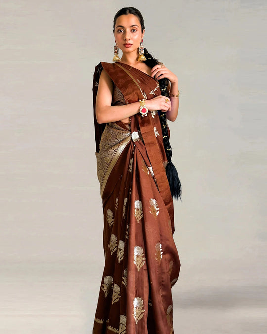 Brown Pure Banarasi Saree with Floral Buta Weaves
