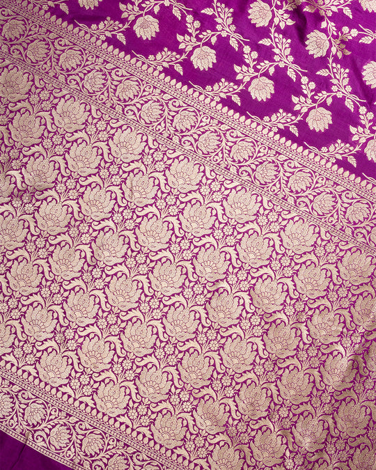 Jashn-e-Bahar Purple Pure Katan Silk Saree With Gleaming Golden Floral Embellishments