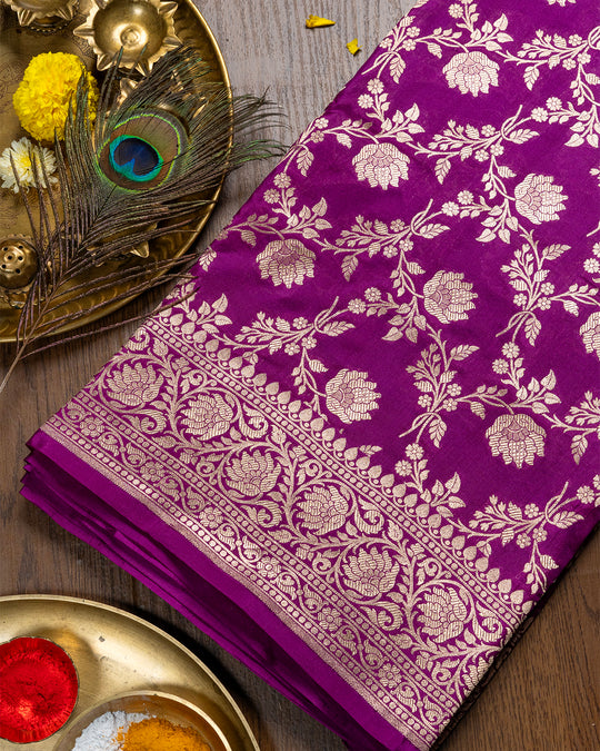 Jashn-e-Bahar Purple Pure Katan Silk Saree With Gleaming Golden Floral Embellishments