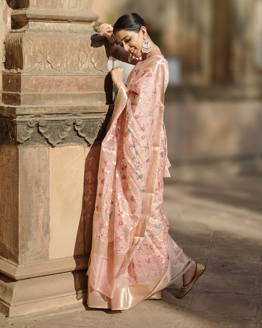 Imperial Delicate Pink Pure Sooti Cotton Saree with Exquisite Floral Designs