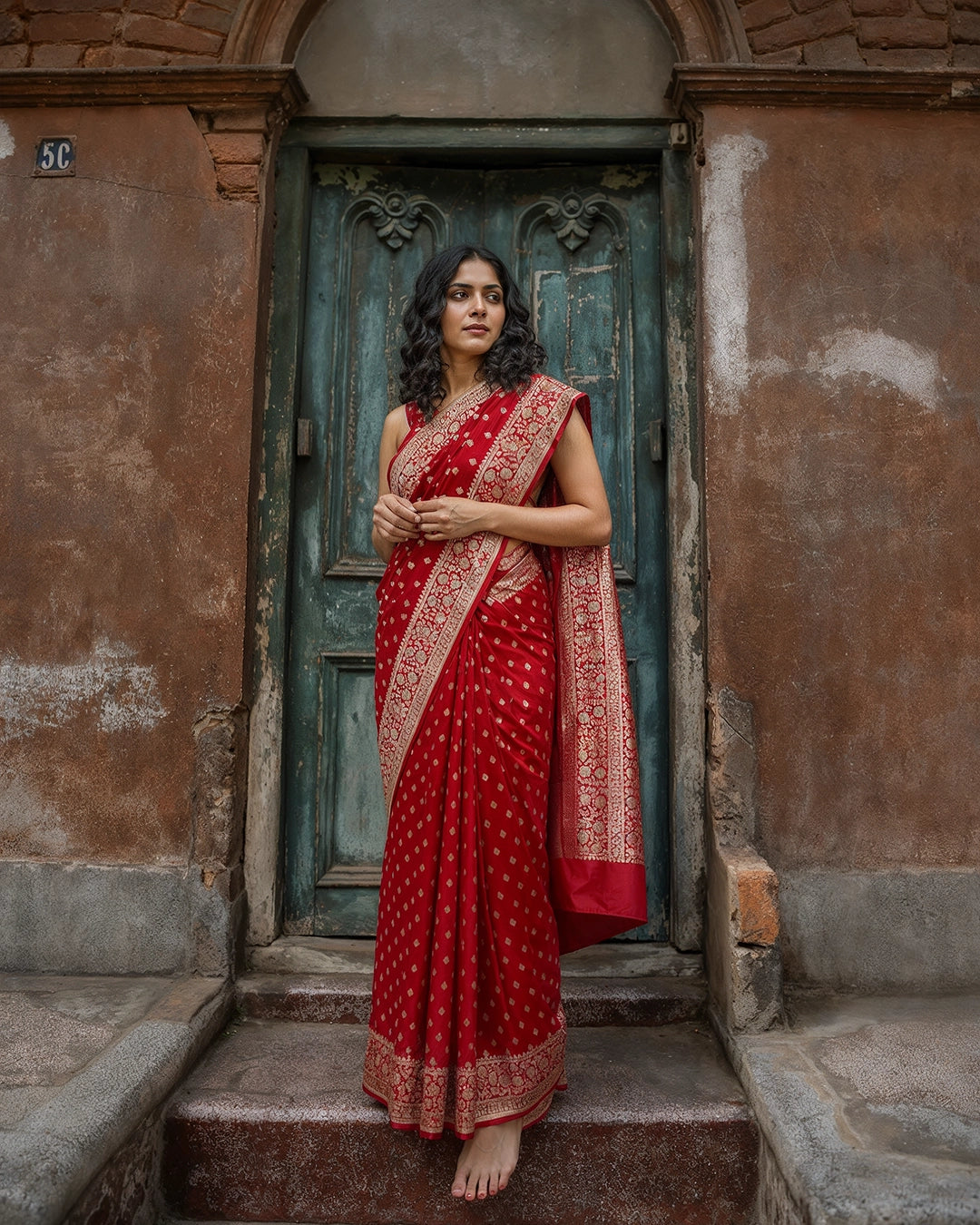 Red Pure Katan Saree with Classic Floral Buti Weaving