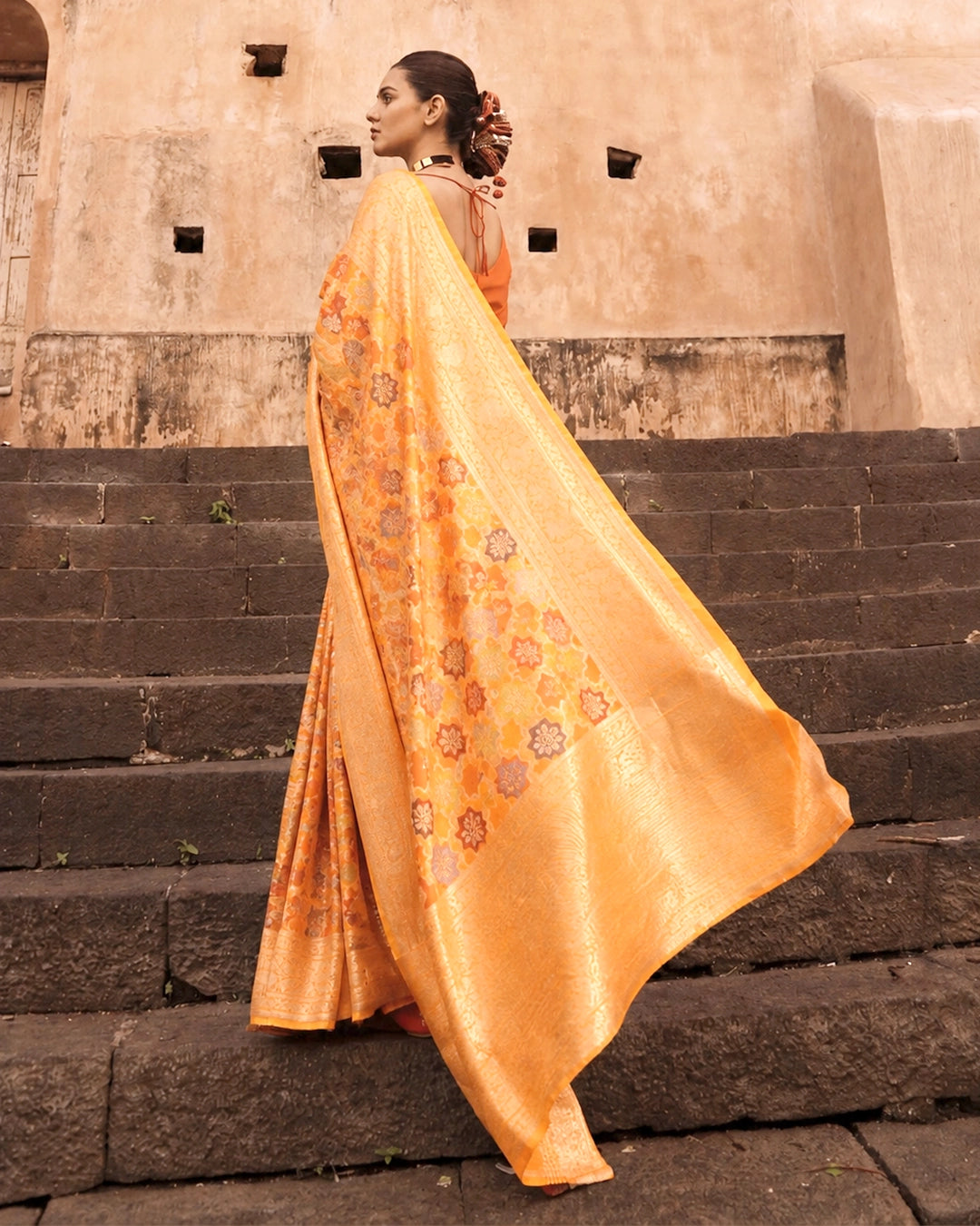 Sunset Marigold Pure Katan Saree with Multicolour Floral Mosaic Weaving