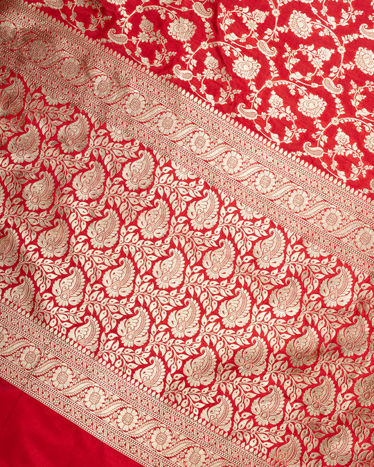 Khush Rang Red Blooming Pure Katan Silk Saree With Zari Highlights