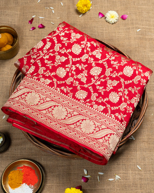 Khush Rang Red Blooming Pure Katan Silk Saree With Zari Highlights