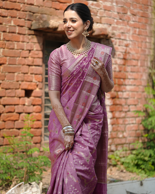 Enchanted Lilac Banarasi Silk Handwoven Saree with Majestic Persian Jaal and Meenakari Accents