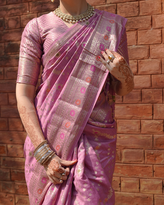 Enchanted Lilac Banarasi Silk Handwoven Saree with Majestic Persian Jaal and Meenakari Accents