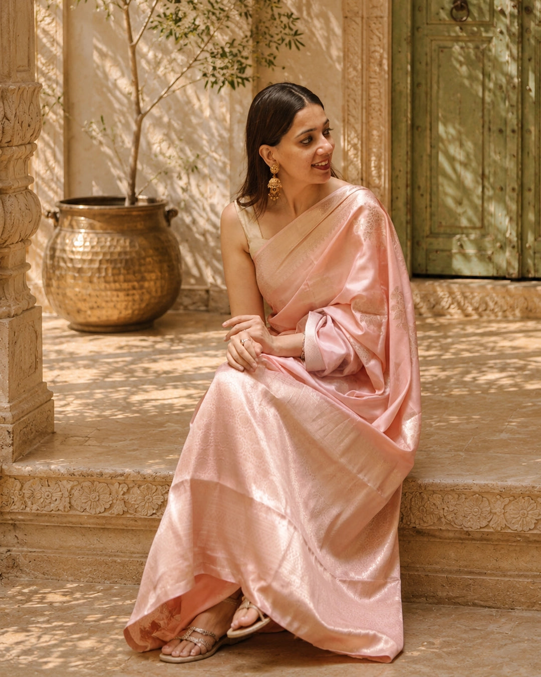 Salmon Peach Pure Banarasi Saree with Fine Zari Floral Motifs Weaves