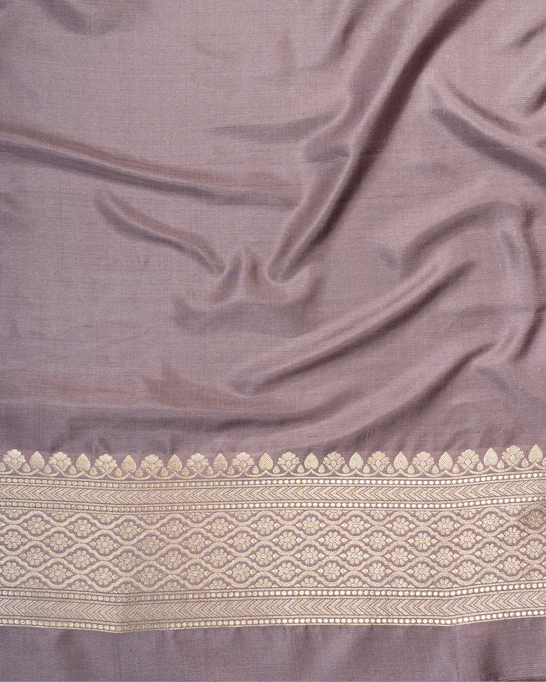 Dusty Lilac Pure Katan Silk Saree With Handwoven Floral Palette And Zari Brocade