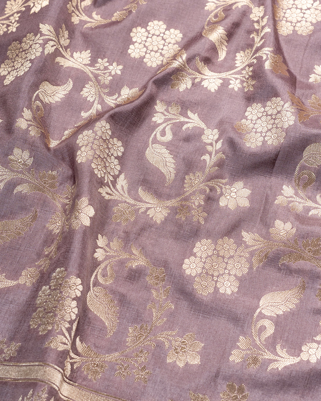 Dusty Lilac Pure Katan Silk Saree With Handwoven Floral Palette And Zari Brocade