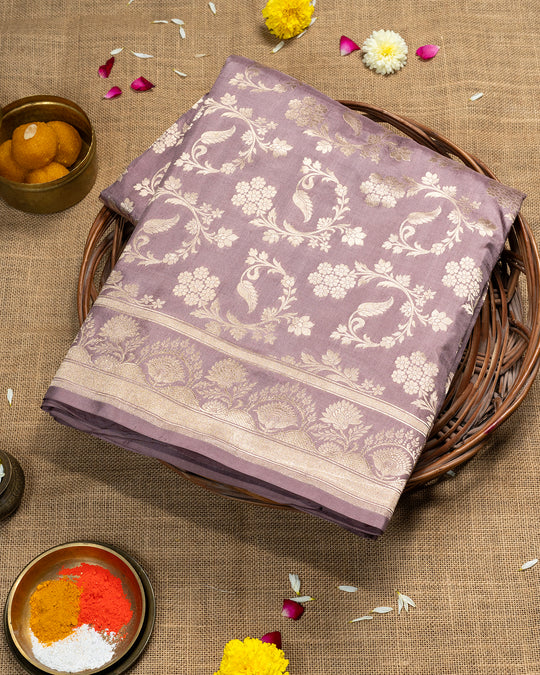 Dusty Lilac Pure Katan Silk Saree With Handwoven Floral Palette And Zari Brocade