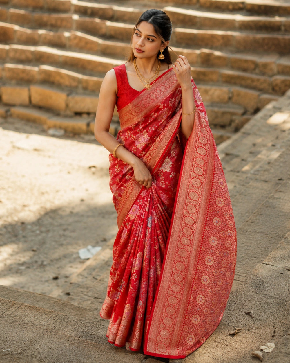Red Pure Banarasi Saree with Pastel Floral Meenakari Weaving