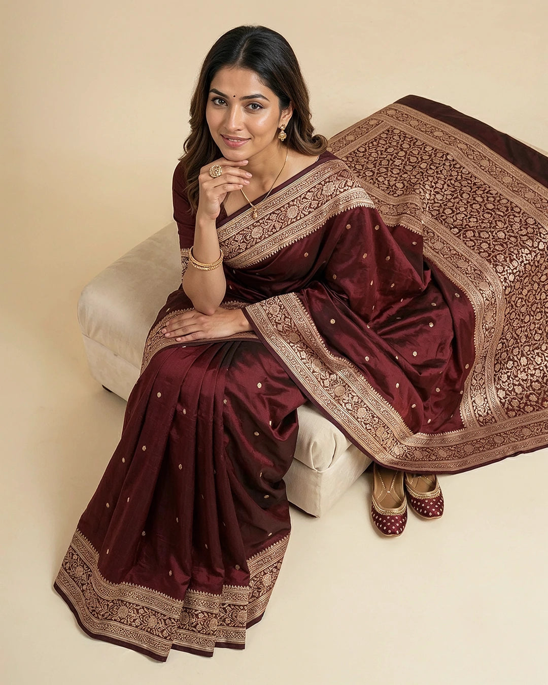 Maroon Pure Katan Saree with Buti Weave and Rich Heritage Border