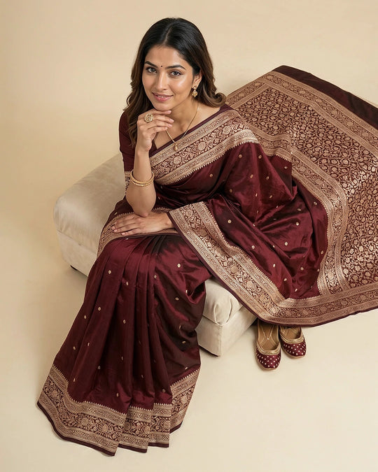 Maroon Pure Katan Saree with Buti Weave and Rich Heritage Border