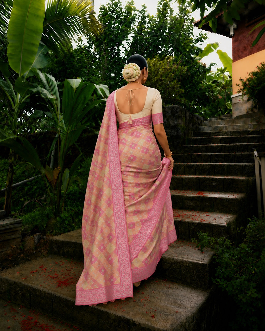 Pastel Rankat Pure Banarasi Silk + Tissue Saree with Floral Mosaic Weaving