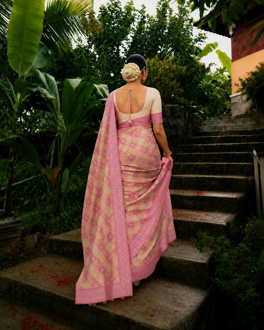 Pastel Rankat Pure Banarasi Silk + Tissue Saree with Floral Mosaic Weaving