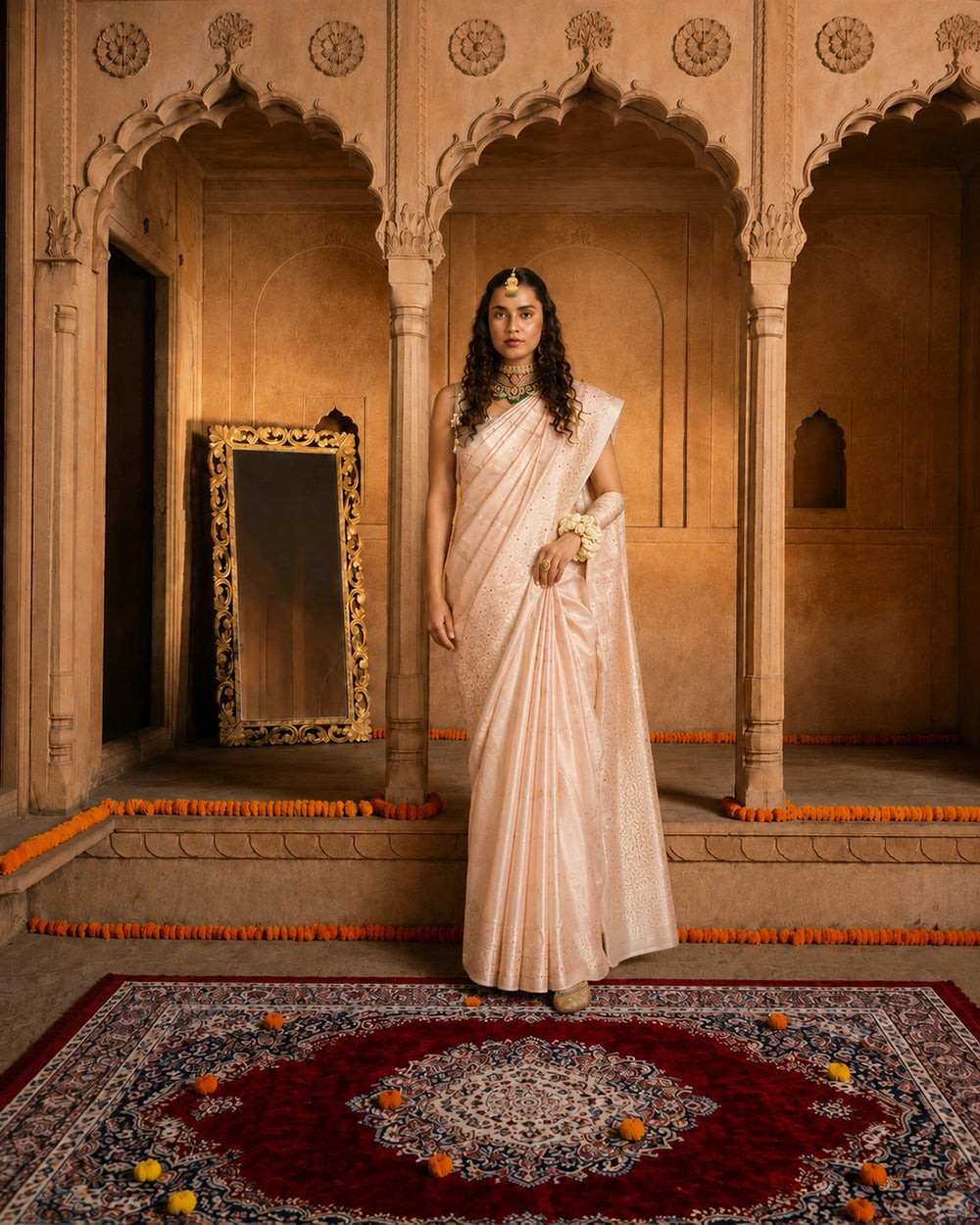 Ivory Beige Pure Banarasi Saree with Lining Weaves and Meenakari Border
