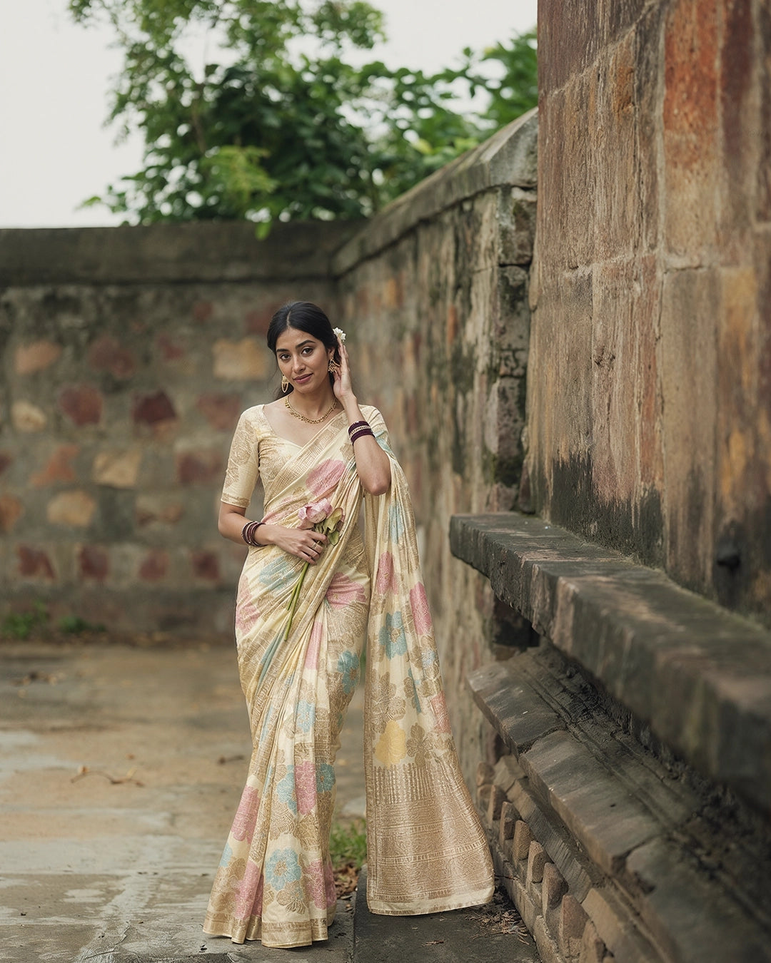 Ivory Cream Rangkat Pure Banarasi with Pastel Floral Meenakari Jaal Weaving