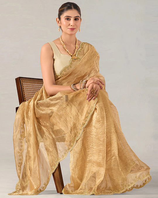 Golden Mist Pure Tissue Saree with Hand Thread Work Border
