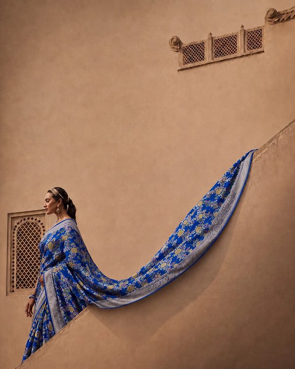 Blue Pure Katan Saree with Intricate Multitone Floral Weaves Detailing