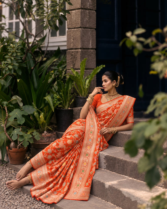 Orange Pure Katan Saree With Meenakari Weaves
