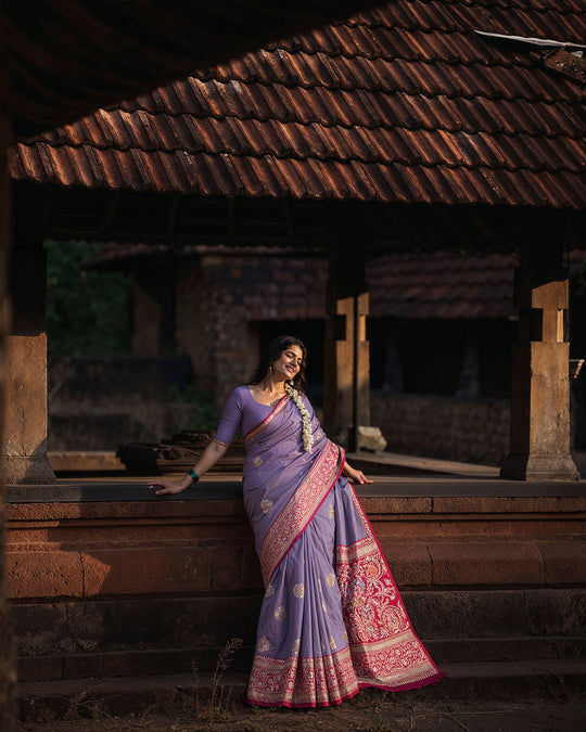 Kadwa Pure Katan Handwoven Banarasi Silk Saree - Lilac Majesty Purple