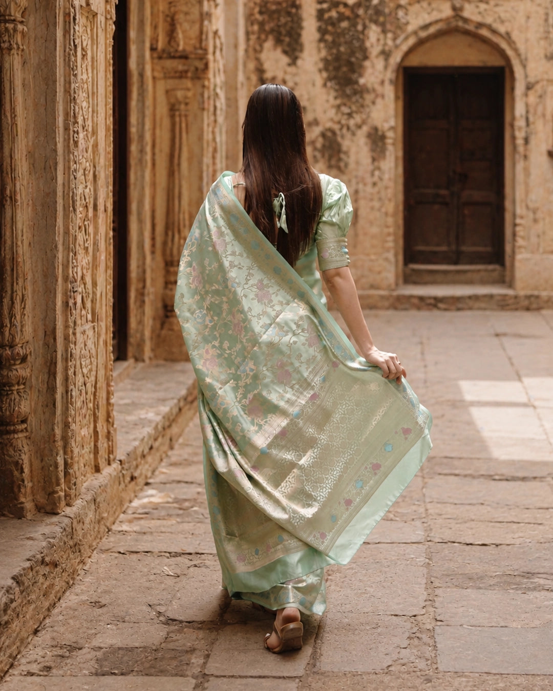 Light Green Pure Banarasi Saree with Multicolour Floral Meenakari Weaving