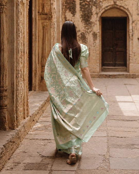 Light Green Pure Banarasi Saree with Multicolour Floral Meenakari Weaving