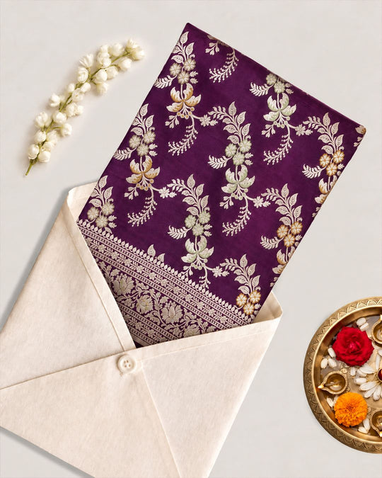 Purple Pure Katan Saree with Detailed Floral Meenakari Weave